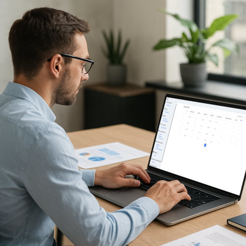 Ein Mann mit Brille sitzt vor einem Laptop auf dem die Administrationsoberfläche des ML Datacenters zu sehen ist.