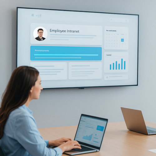 Eine Gruppe von Mitarbeitern sitzen in einem Besprechungsraum. Im Hintergrund ist ein Mitarbeiterportal auf einem Monitor zu sehen.