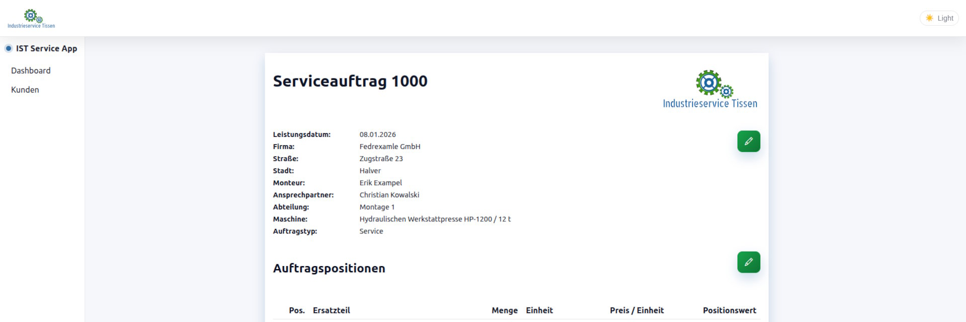 Wartungsapp IS Tissen Serviceauftrag
