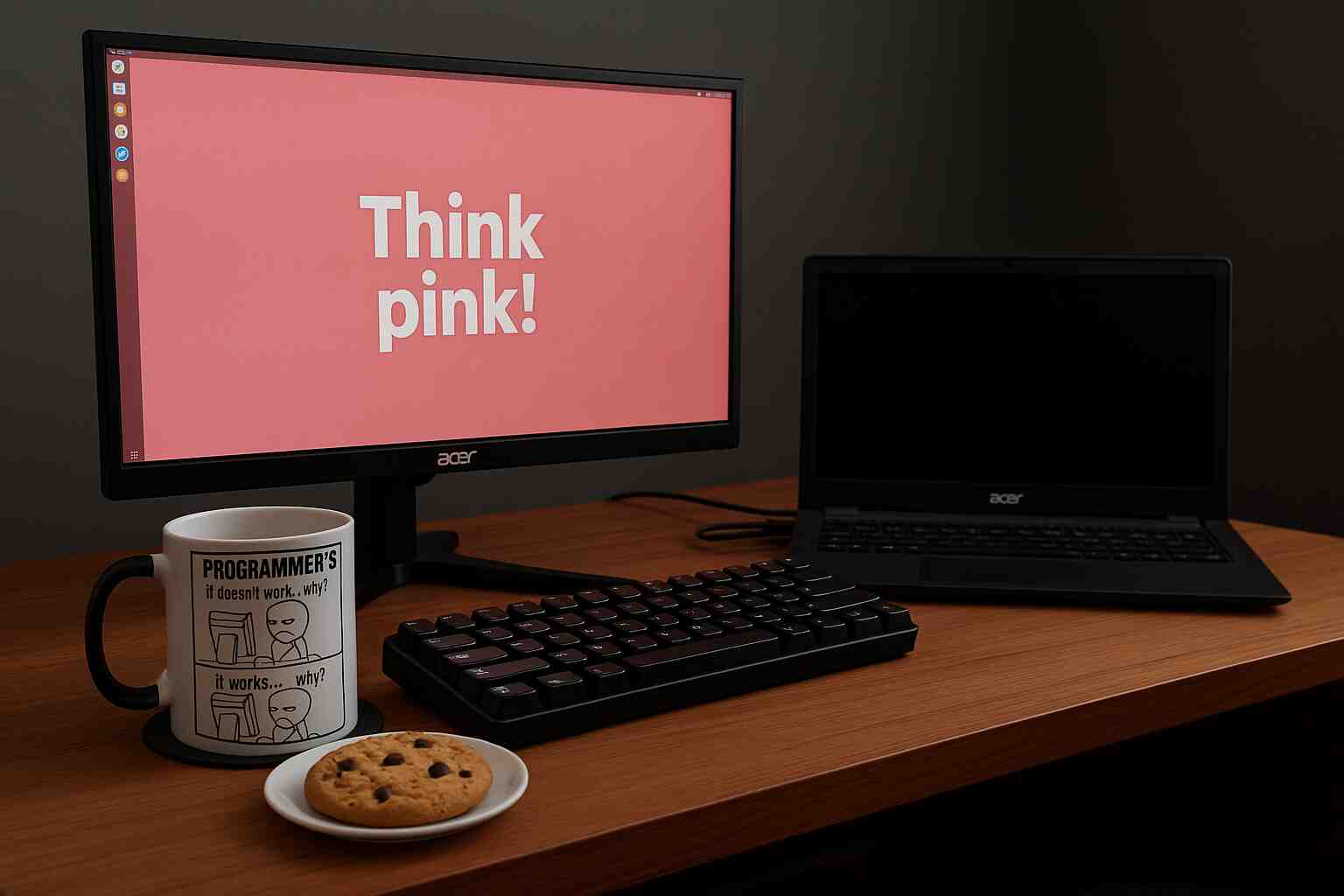 Ein Aufgeräumter dunkelbrauner Holzschreibtisch mit einer Tasse, einem Teller mit einem Cookie und ein Bildschirm auf bessen Hintergrund Think Pink! geschrieben steht.